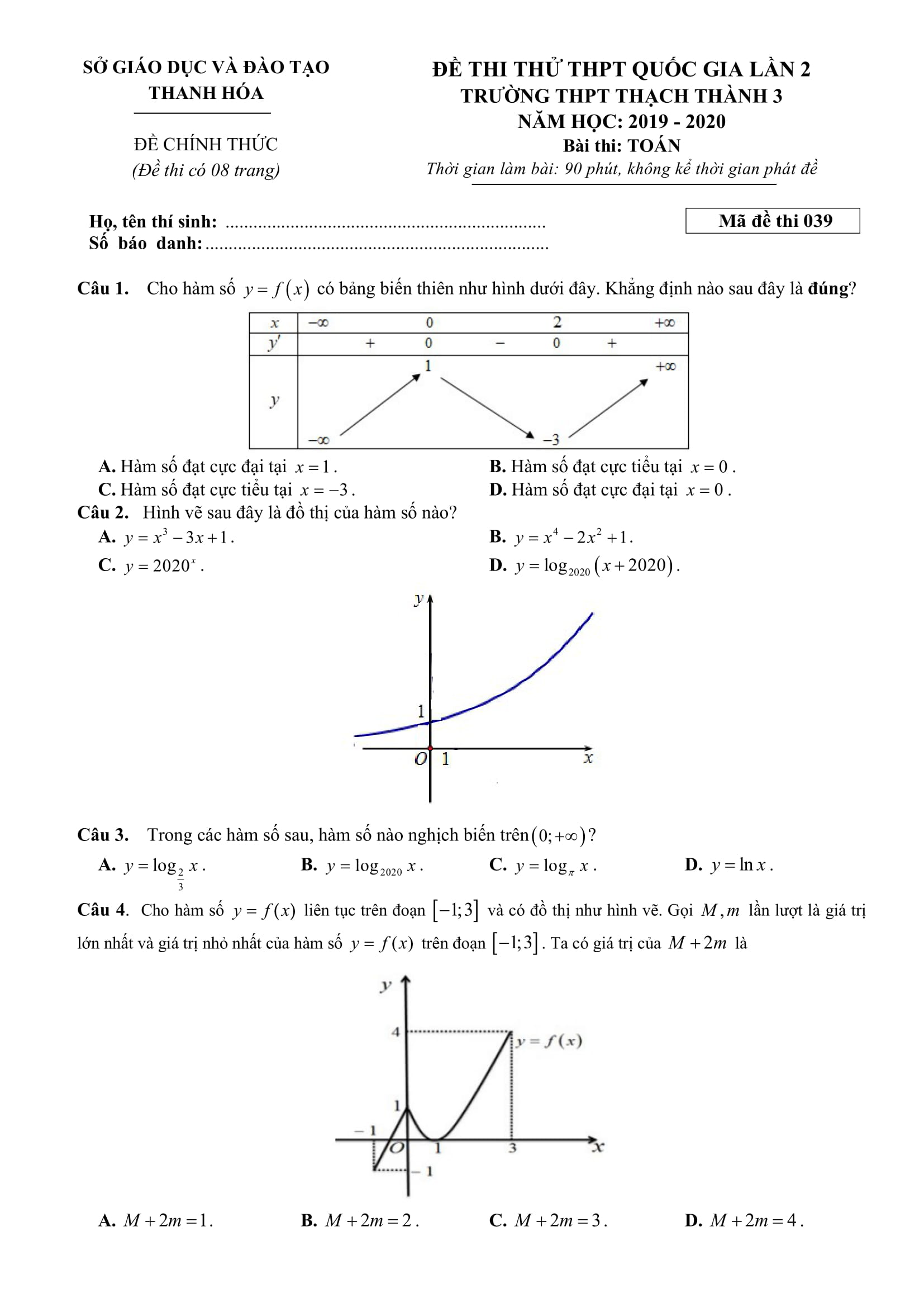 ĐỀ THI THỬ THPT QUỐC GIA LẦN 2 TRƯỜNG THPT THẠCH THÀNH 3 THANH HOÁ