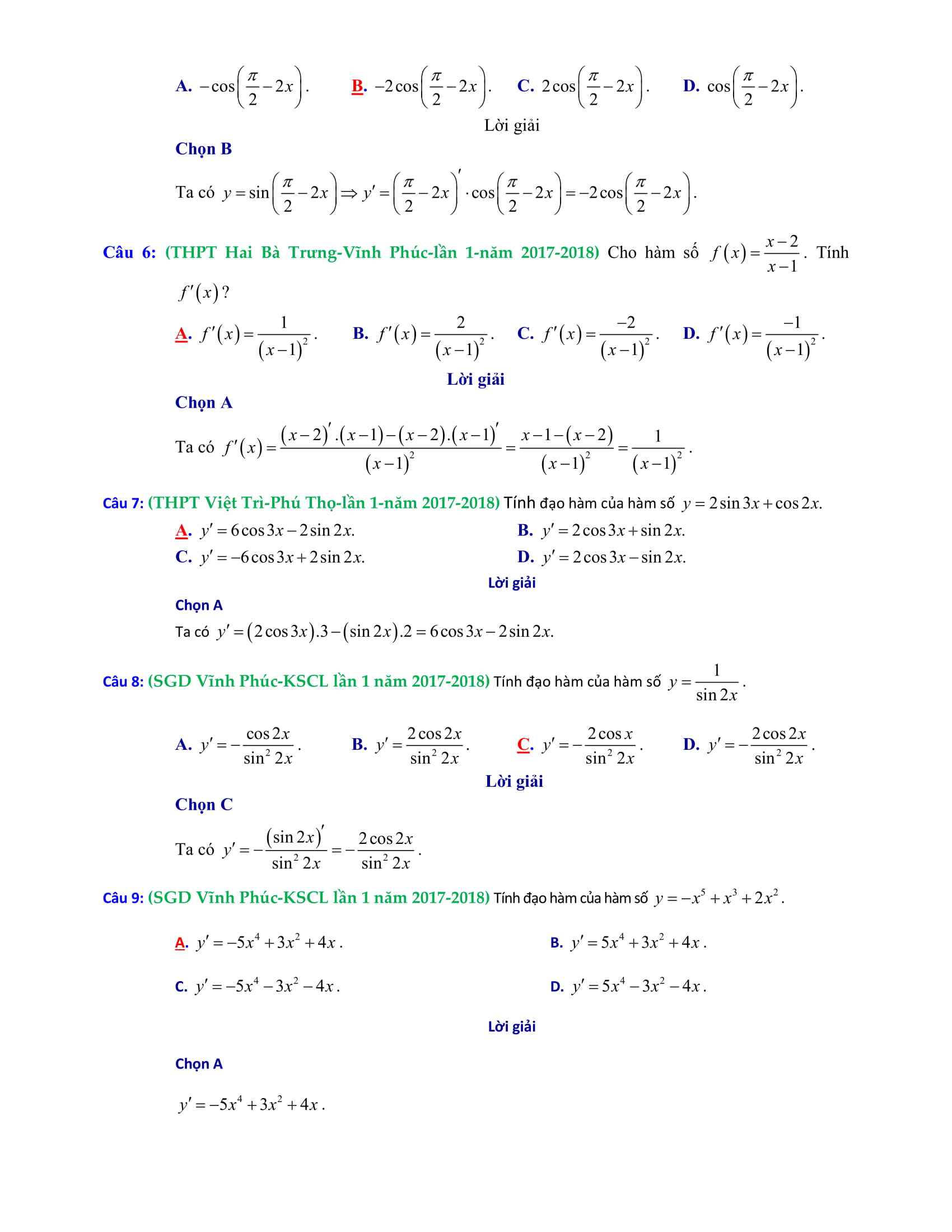 Trắc nghiệm đạo hàm có giải chi tiết trong các đề thi thử Toán 2018